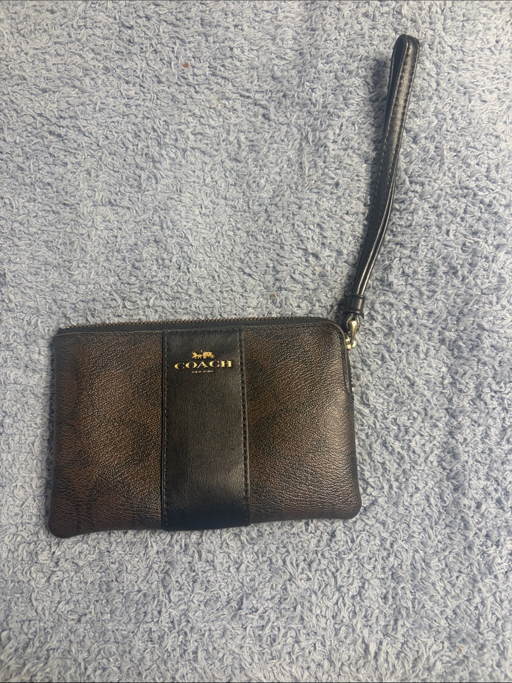 Coach Brown and Black Leather Wristlet Clutch with Gold Logo